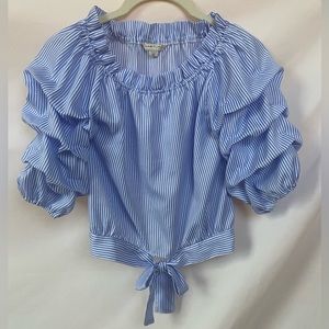 Habitual girls sz 10 white with blue stripes shirt; ruffle sleeves & waist tie